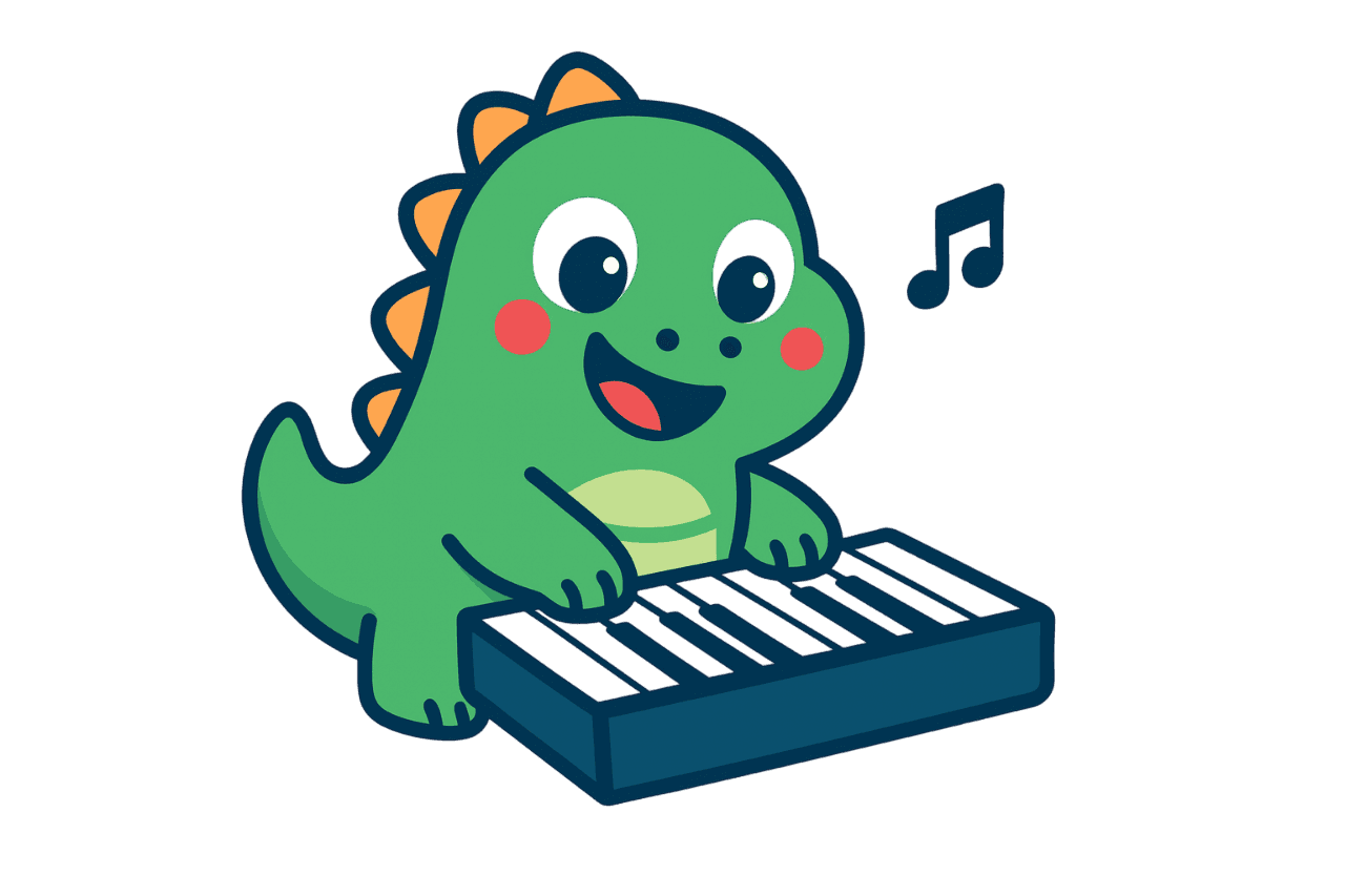 NoteZilla mascot - friendly green dinosaur character teaching music notes to children